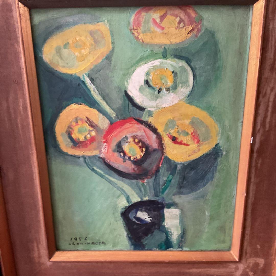 A nt i que☆love油彩画 1956年作 サイン在 木枠ガラス無