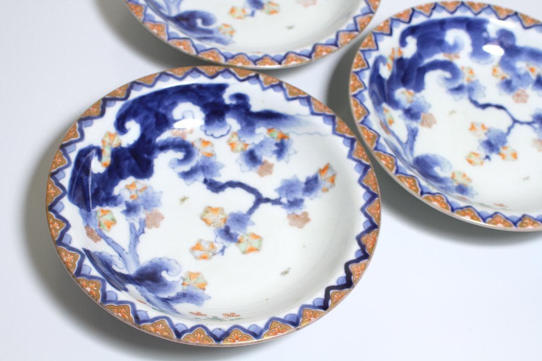 明治期 有田焼『江上製(江上熊之助)』染錦紅葉図 上手五寸皿 三客揃