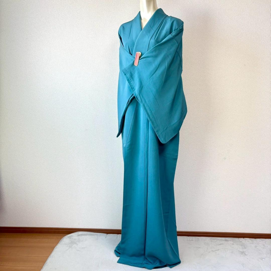 人気色 色無地 納戸色 一つ紋 正絹 広襟 袷 裄64 IS1062☆