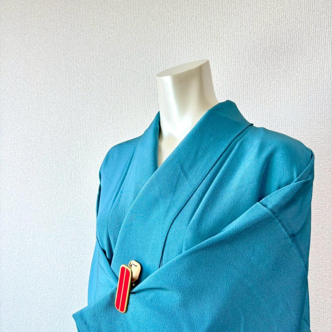 人気色 色無地 納戸色 一つ紋 正絹 広襟 袷 裄64 IS1062☆