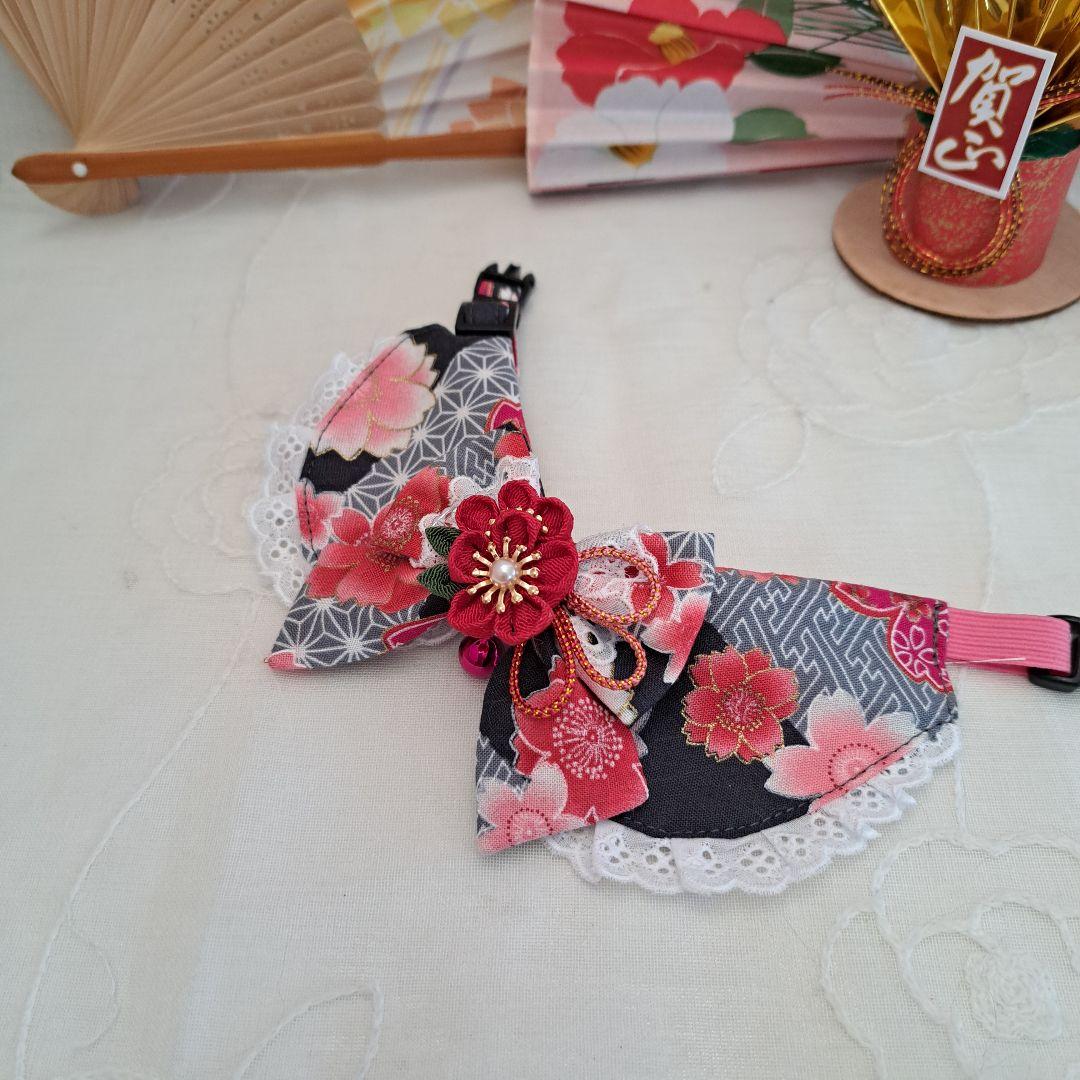 お正月仕様和風つまみ細工(黒③)わんちゃん猫ちゃん用襟つき首輪