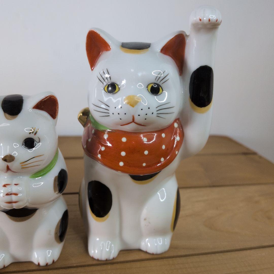 【 当時物 】招き猫／九谷焼／福／金運上昇 ／縁起物／三毛猫／３匹セット