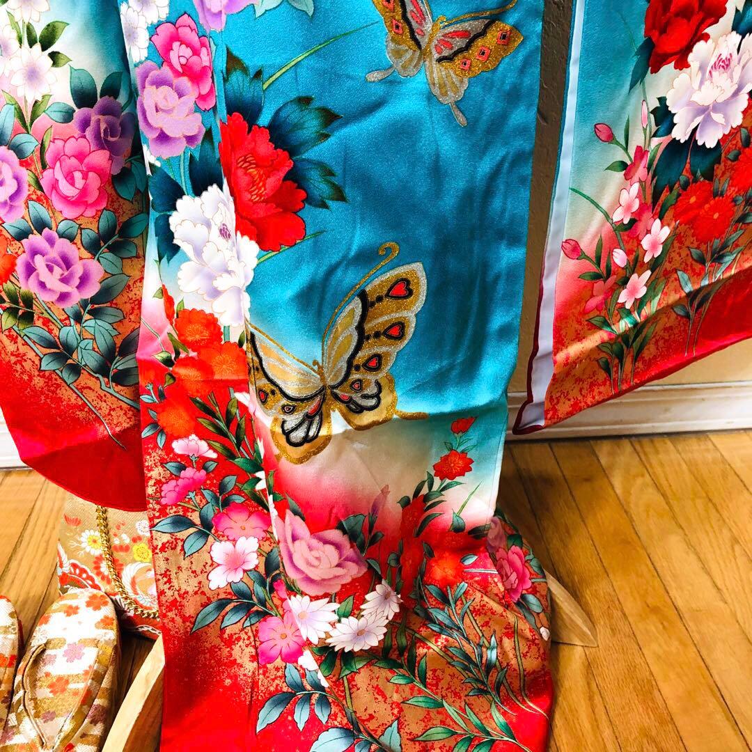 七五三7歳‼️豪華正絹Blue暈し‼️蝶々薔薇金彩金箔‼️完全フルセット✨プリンセス❤️