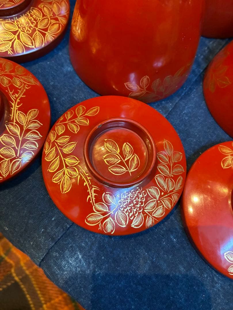 漆器　沈金　①吸物椀　荷物椀　5客　輪島塗　漆傷みなし 朱塗り　木製　小吸物