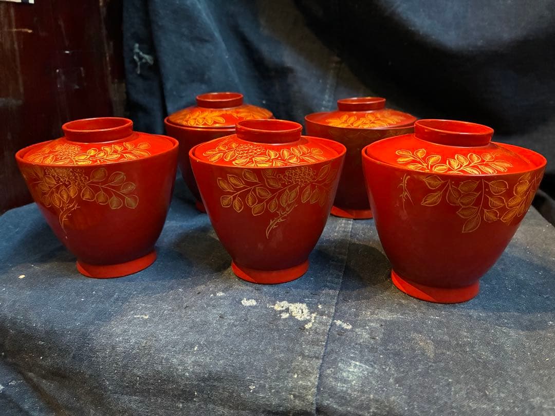 漆器　沈金　①吸物椀　荷物椀　5客　輪島塗　漆傷みなし 朱塗り　木製　小吸物