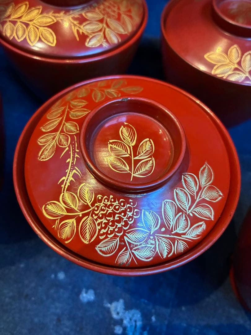 漆器　沈金　①吸物椀　荷物椀　5客　輪島塗　漆傷みなし 朱塗り　木製　小吸物