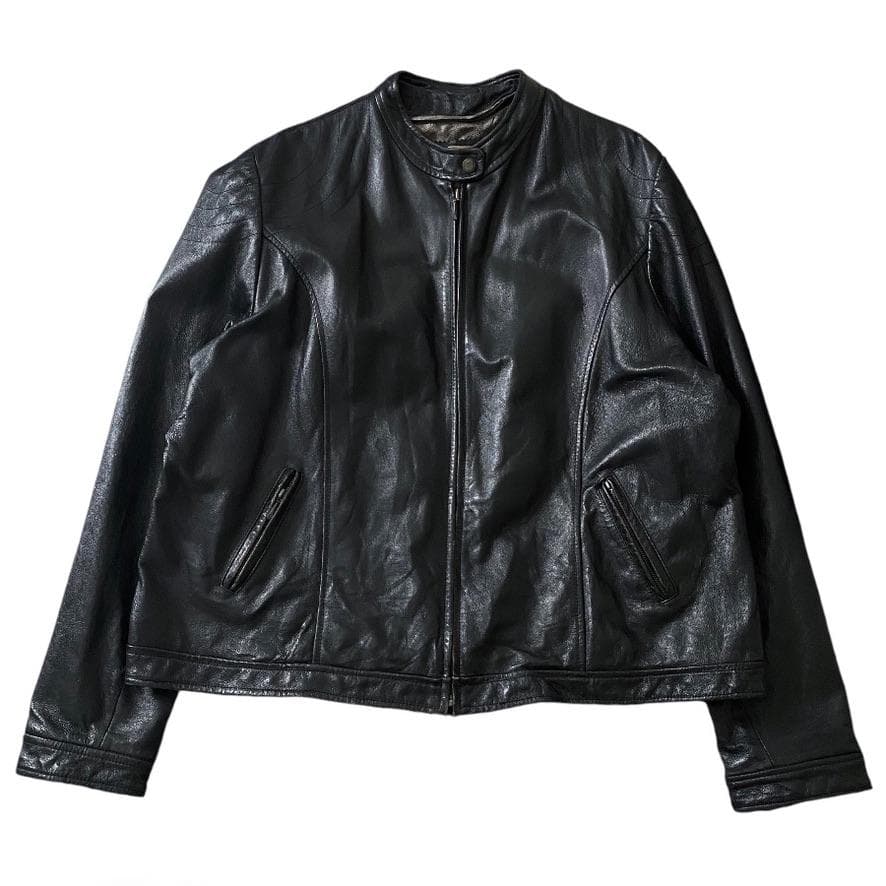 海外古着 レザー 本革 シングルライダースジャケット 4XL ブラック