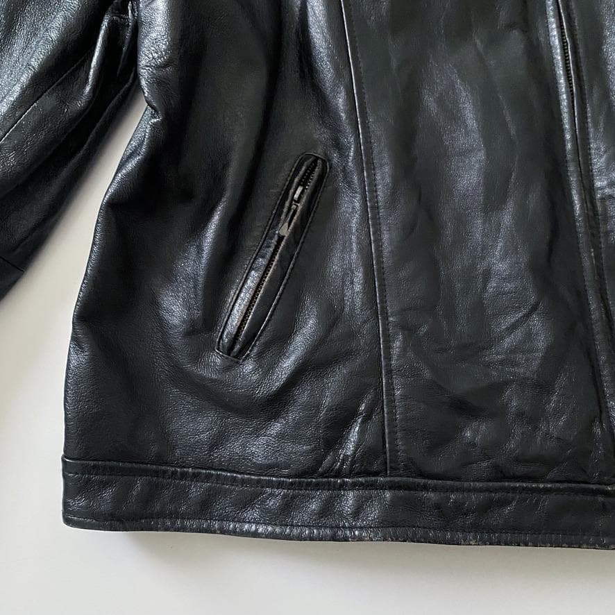 海外古着 レザー 本革 シングルライダースジャケット 4XL ブラック