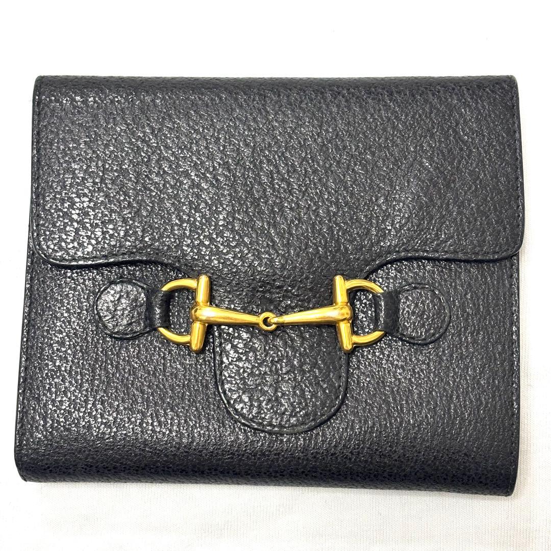 美品 グッチ GUCCI 二つ折り財布 ホースビット レザー 本革 ブラック
