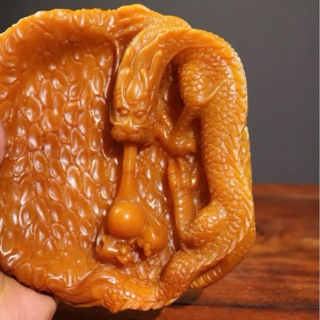 珍品 天然田黄石 水盂毛筆用 「龍騰盛世」 秋堂 作 彫刻 金龍文 文房具置物