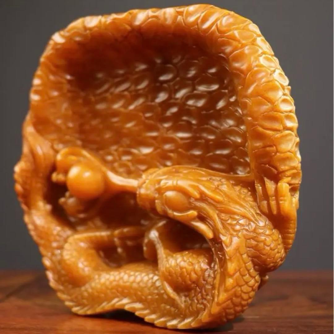 珍品 天然田黄石 水盂毛筆用 「龍騰盛世」 秋堂 作 彫刻 金龍文 文房具置物