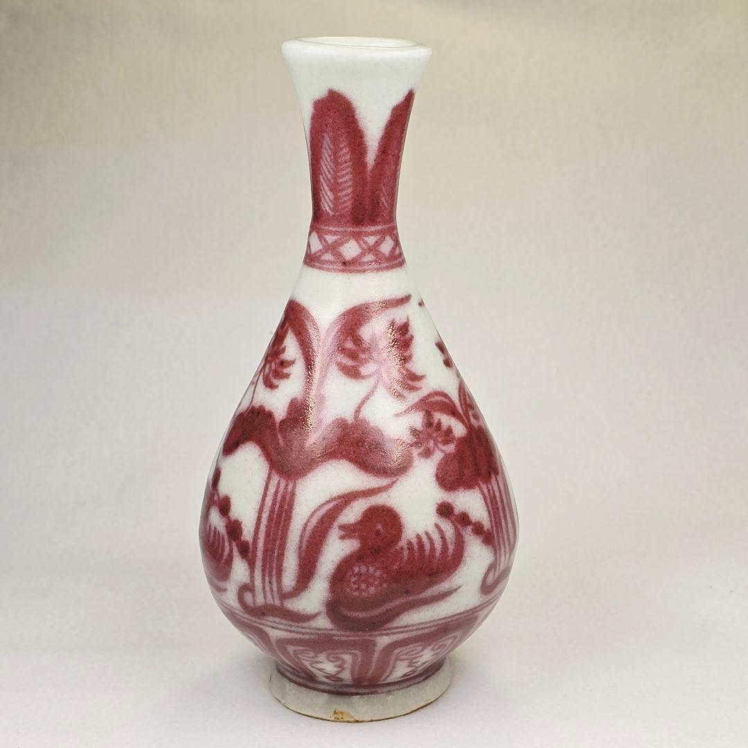 舶来品 中国古磁 返緑 釉裏紅 手絵鴛鴦戯水図 玉壺春 酒器 花瓶 置物 火石紅