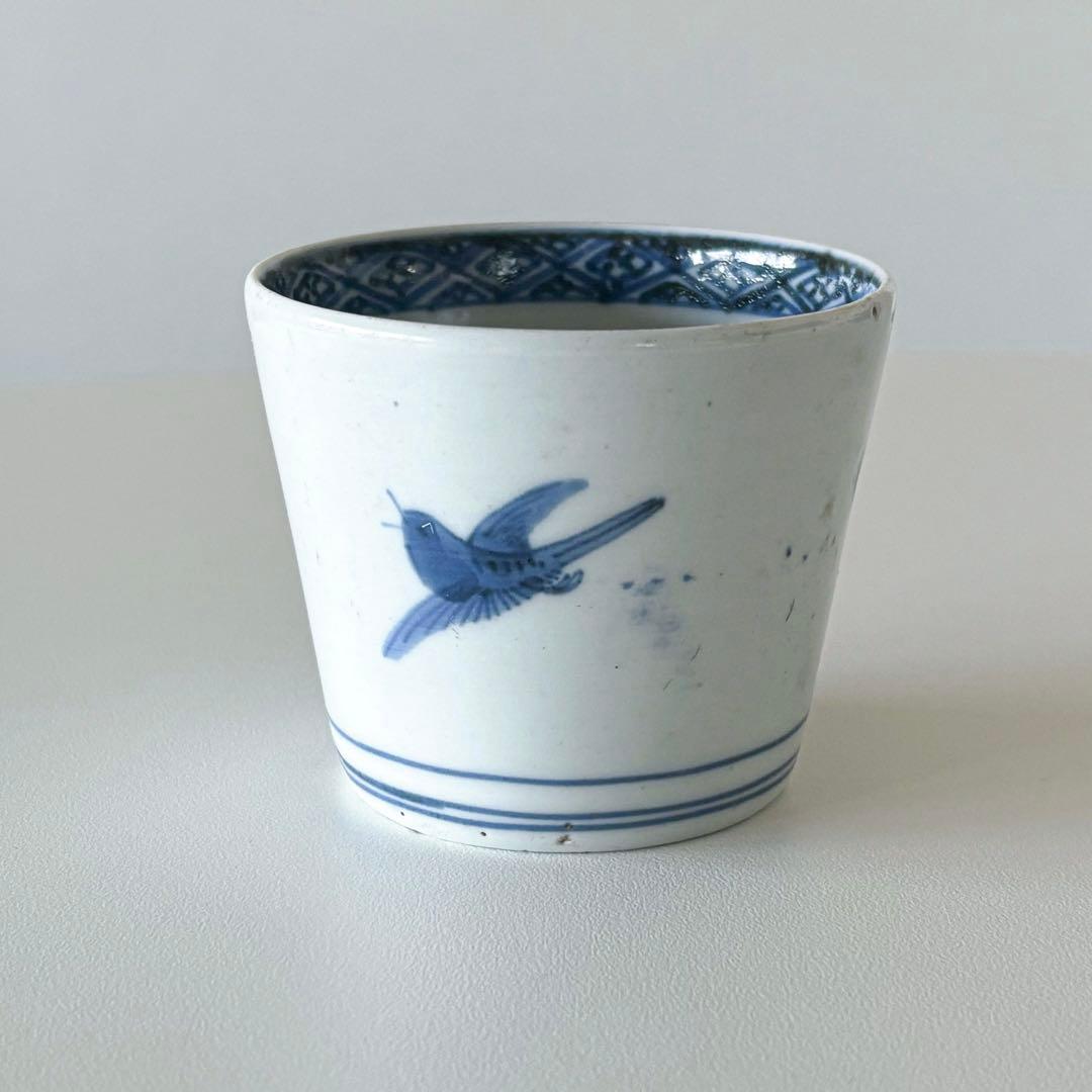 古伊万里　伊万里　江戸　後期　幕末　椿　鳥　蕎麦猪口　染付　蛇の目　高台