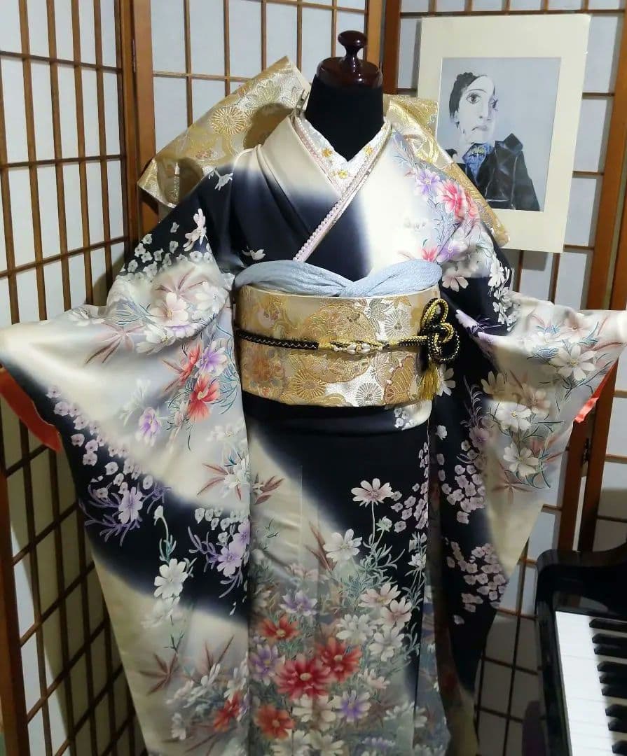 378 シンデレラみたいな　ふんわり　優しいお花柄　正絹振り袖7点フルセット