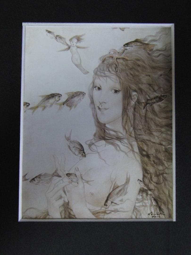 藤田嗣治、【La Sirene】、希少な額装用画集より、新品額装、マット額装付