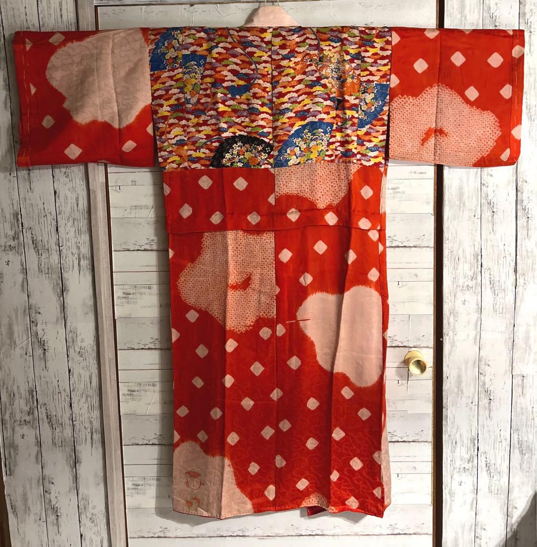 5303◆古布時代古裂アンティーク長襦袢朱色絞り染雲織柄赤に扇面松コレクションに