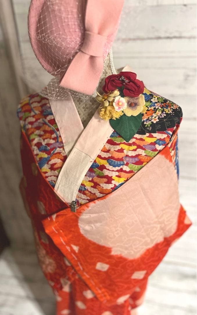 5303◆古布時代古裂アンティーク長襦袢朱色絞り染雲織柄赤に扇面松コレクションに