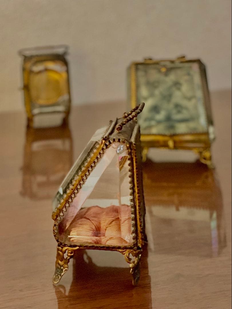 フランス　アンティーク　ジュエリー　ケース　ボックス　懐中時計　真鍮　ガラス