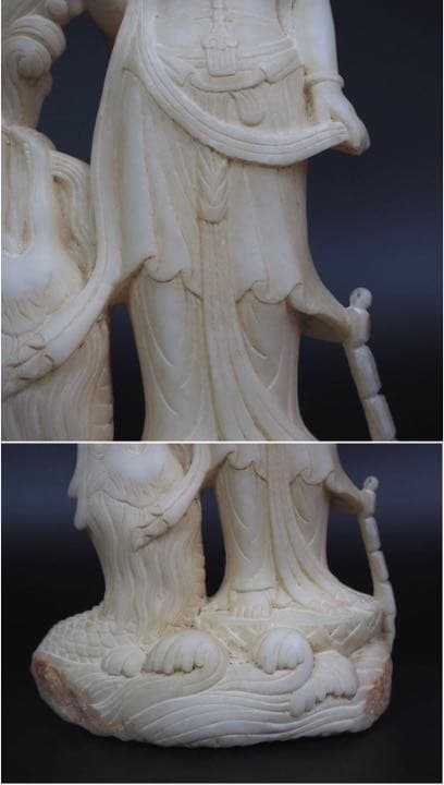 送料無料　古い白石彫刻 龍頭観音菩薩立像 箱付 中国古玩 仏教美術