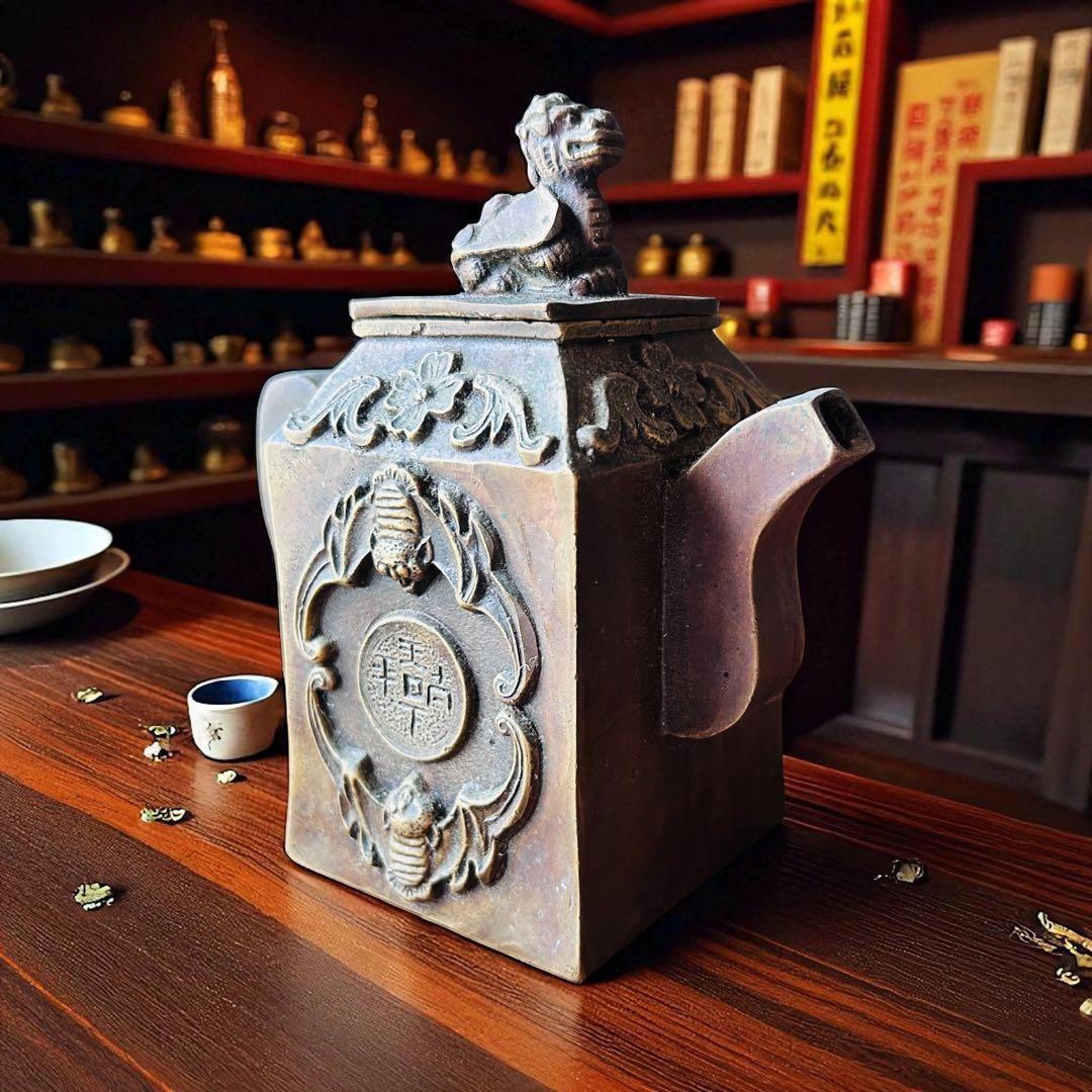 中国古美術 貔貅 嘉慶通寶蝙蝠 瑞獣文 縁起古銅急須 金運招来 書道具 墨壺水滴