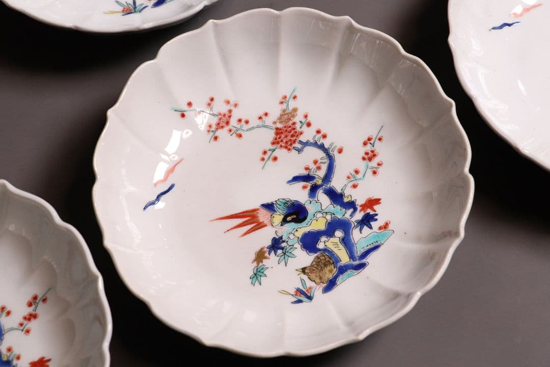 時代 柿右衛門様式 古伊万里 花鳥 輪花色絵皿九客 なます皿 向付 MA318