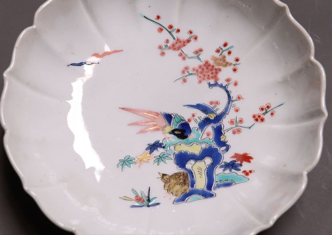 時代 柿右衛門様式 古伊万里 花鳥 輪花色絵皿九客 なます皿 向付 MA318