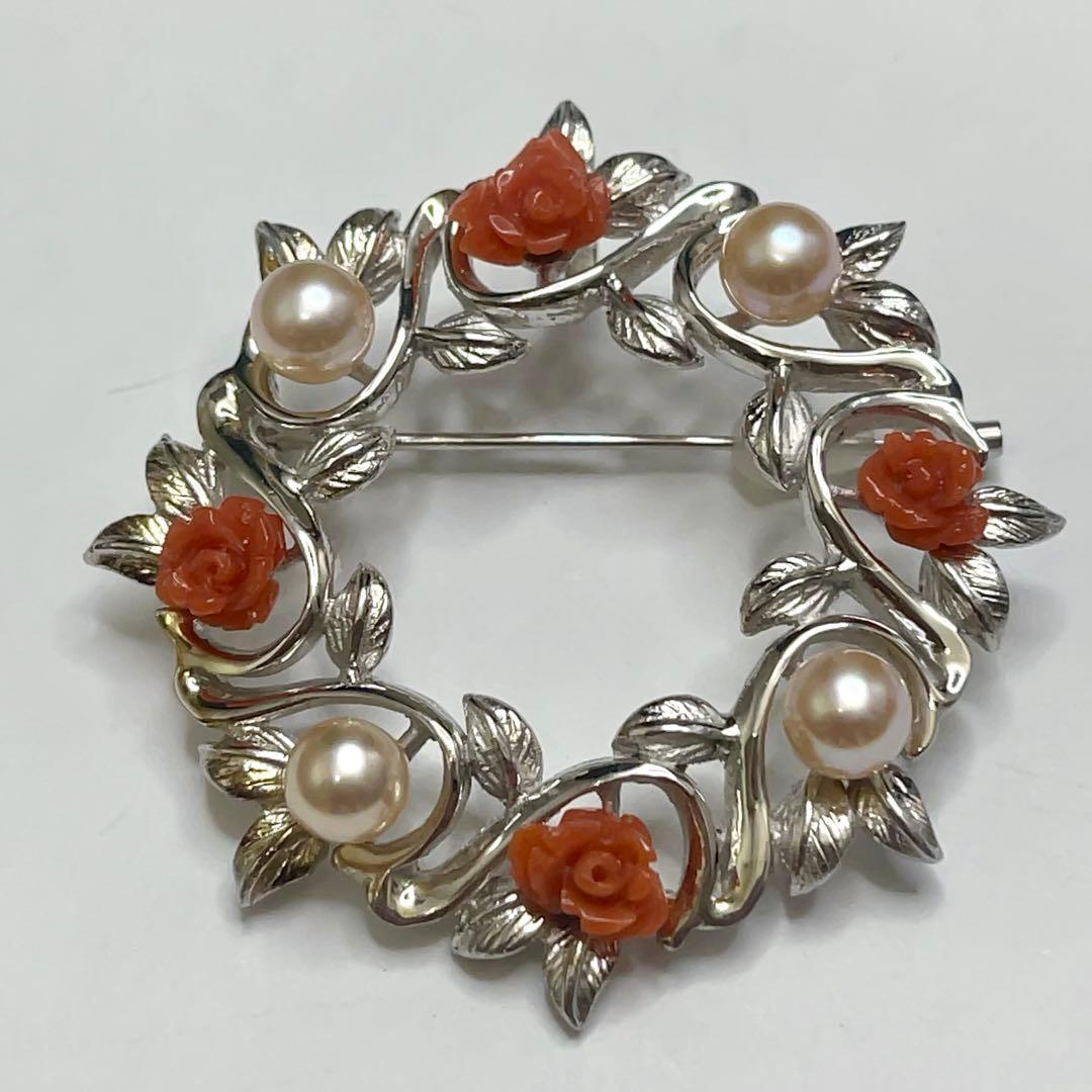 美品！アコヤ真珠×赤珊瑚 薔薇彫刻 シルバーブローチ＆ペンダントトップ 925