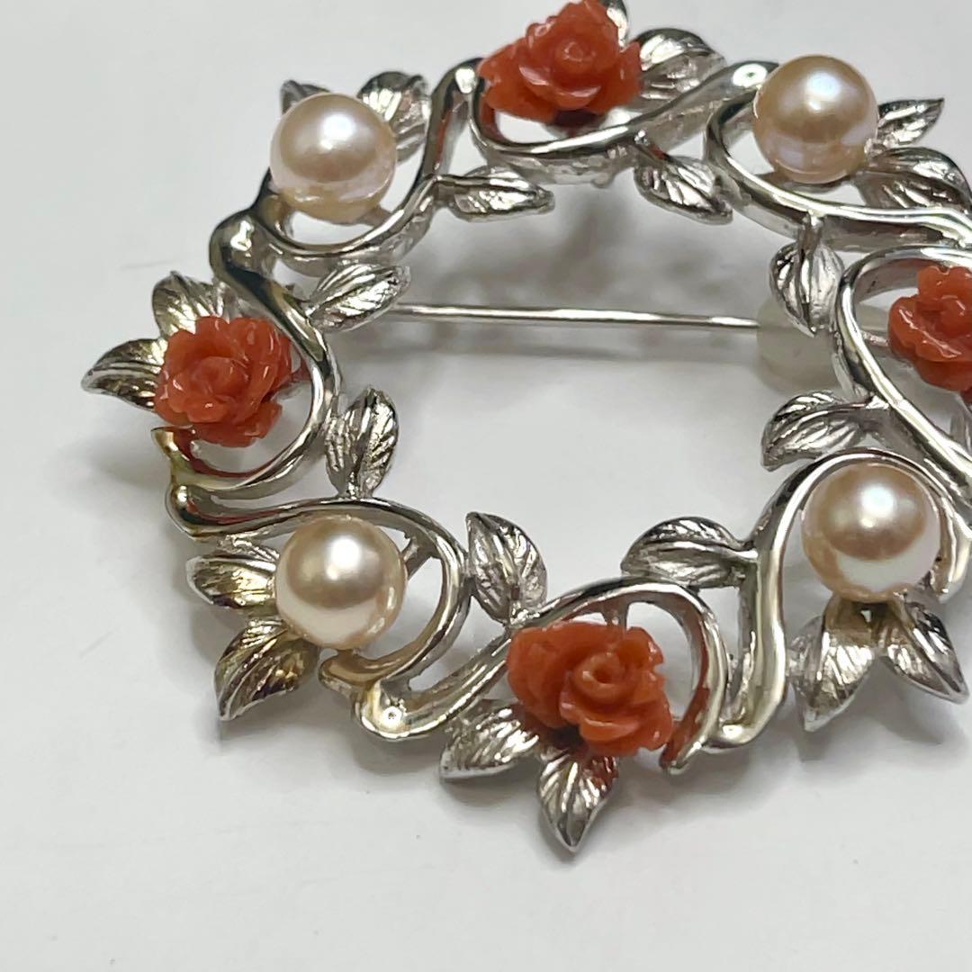 美品！アコヤ真珠×赤珊瑚 薔薇彫刻 シルバーブローチ＆ペンダントトップ 925