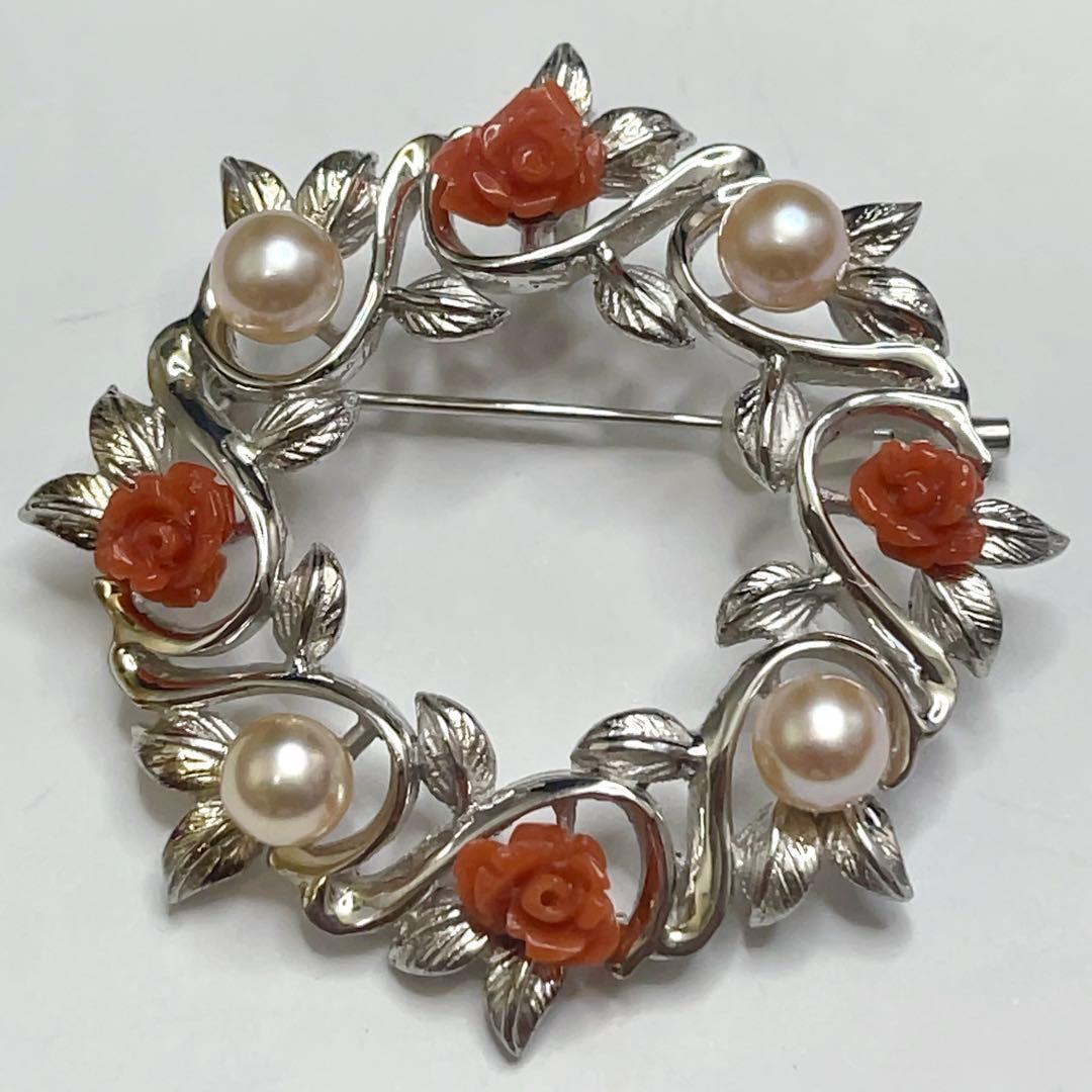 美品！アコヤ真珠×赤珊瑚 薔薇彫刻 シルバーブローチ＆ペンダントトップ 925