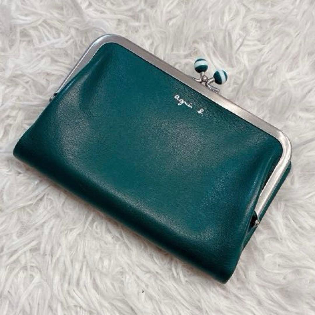 【美品】agnes b. レザー　がま口　二つ折り財布　グリーン