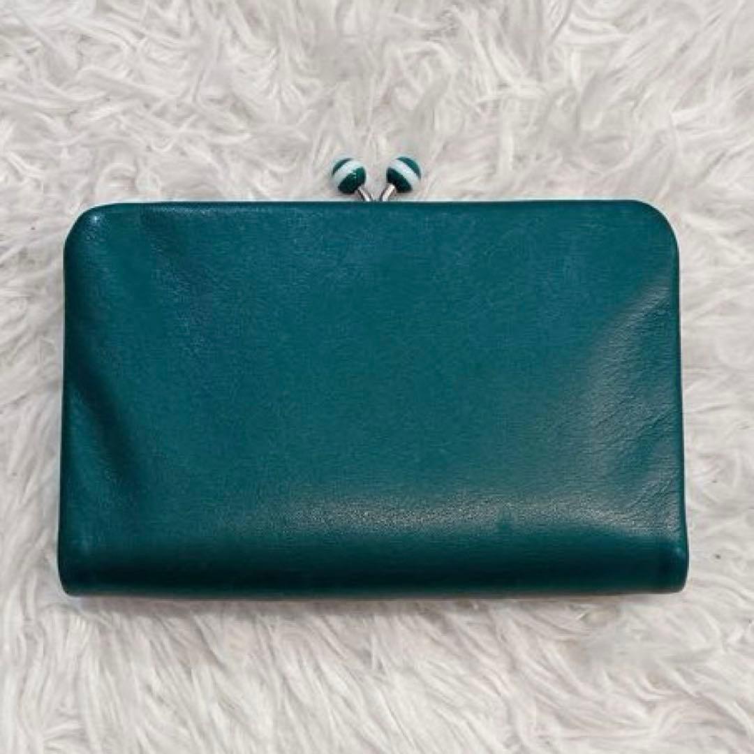 【美品】agnes b. レザー　がま口　二つ折り財布　グリーン