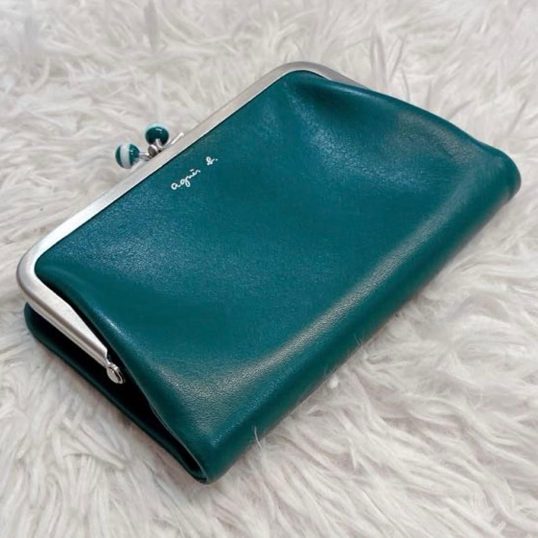 【美品】agnes b. レザー　がま口　二つ折り財布　グリーン