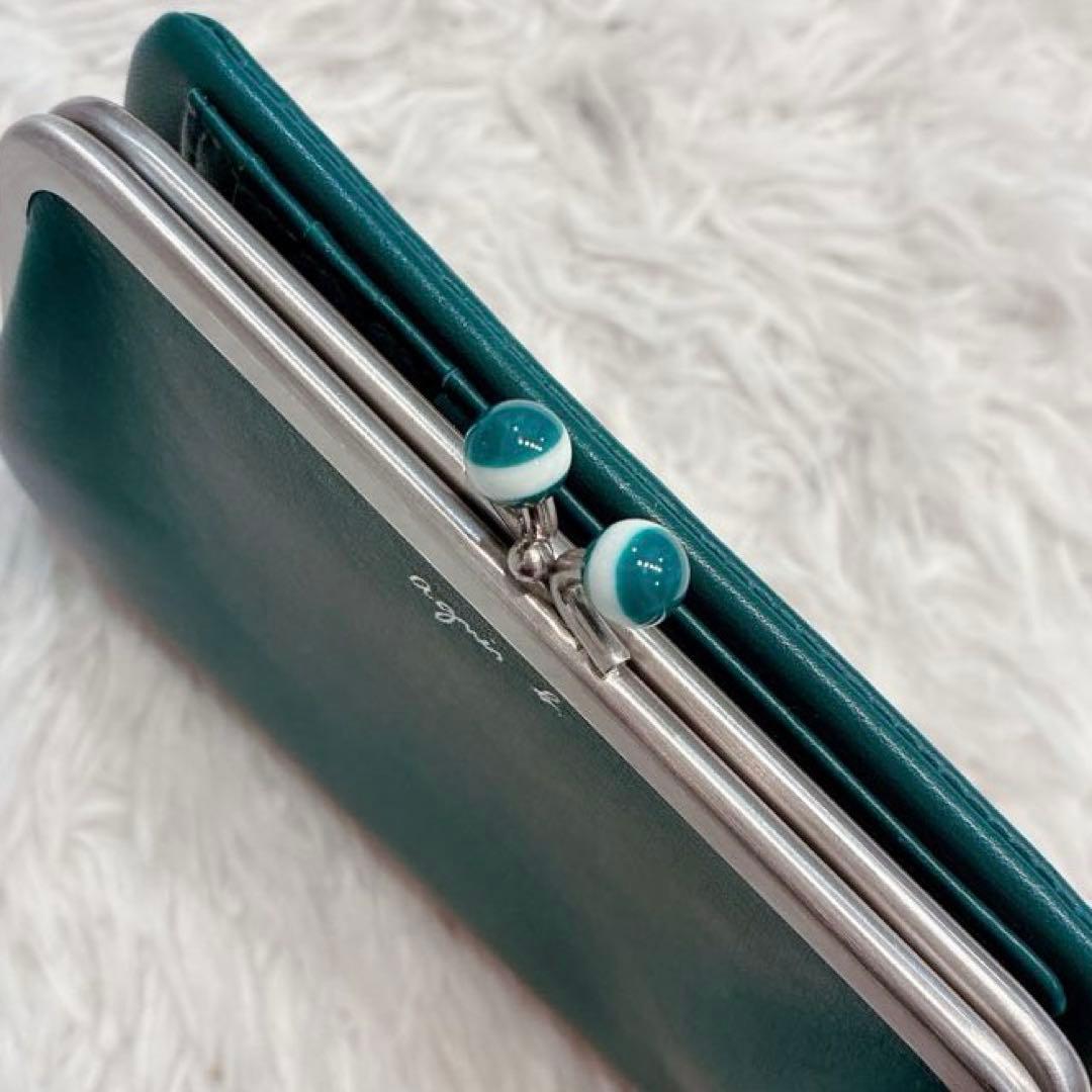 【美品】agnes b. レザー　がま口　二つ折り財布　グリーン