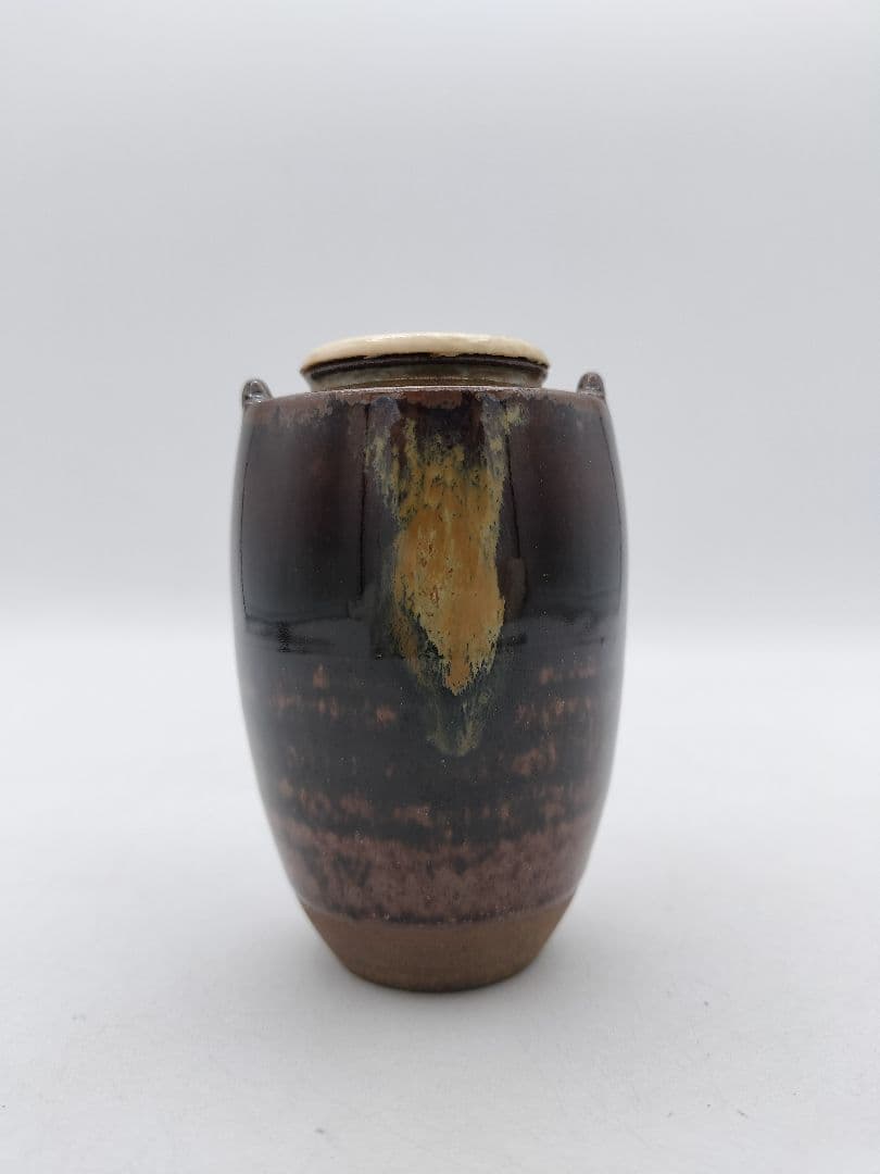 c668 茶入 高取耳付 荒磯金襴 笹蔓緞子 鬼丸雪山 木箱 茶道具 古物