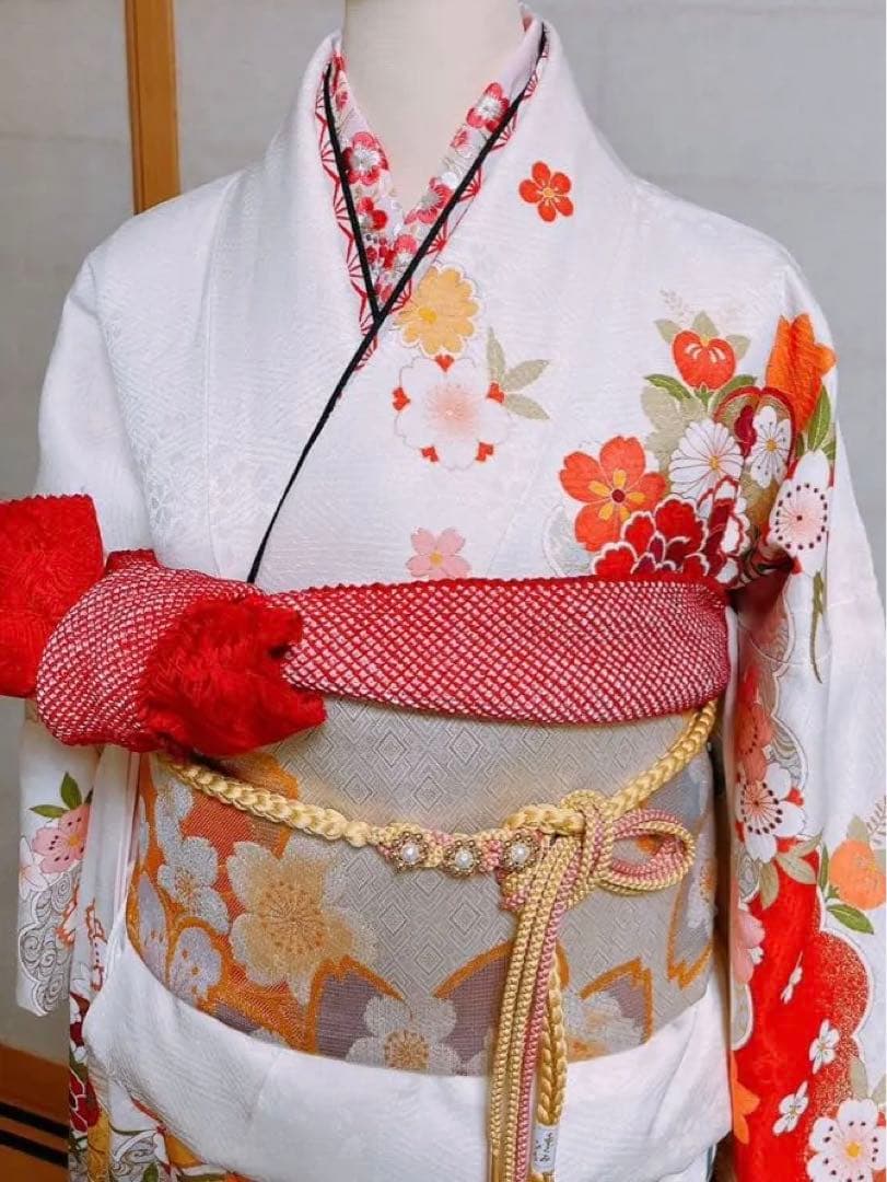 正絹振袖　成人式　振袖セット　結納　袋帯　振袖フルセット　白　ホワイト　ピンク