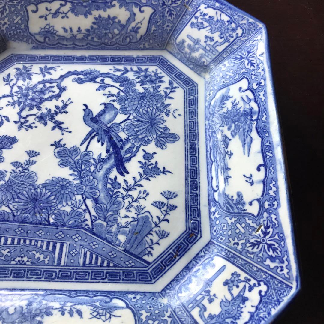美品　陶器　年代物　盛り皿　角皿　八角絵皿　丁寧に描かれた雷鳥や菊の絵柄が素敵な