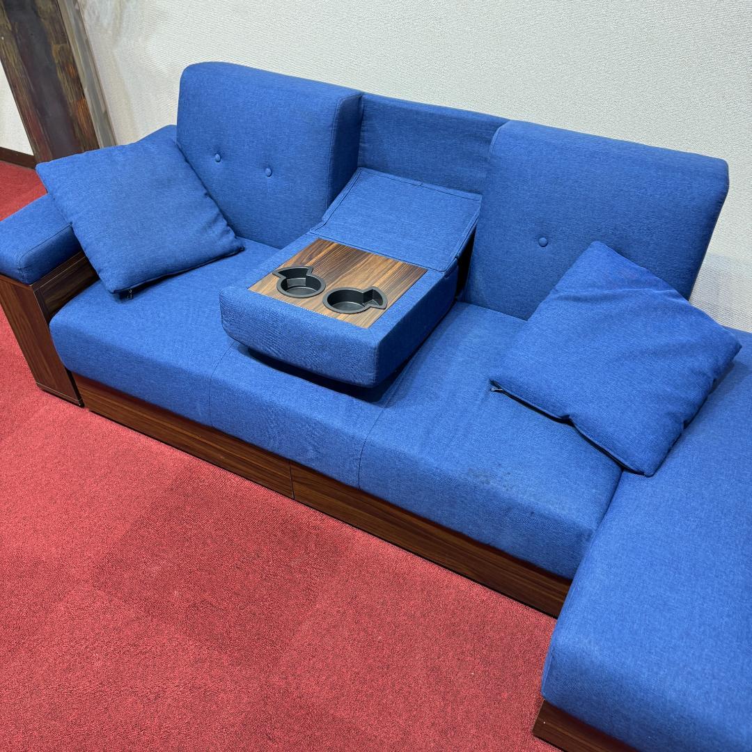 東京23区送料無料 美品モダンデコ二人掛けソファー／ベッド　収納有ネイビーブルー