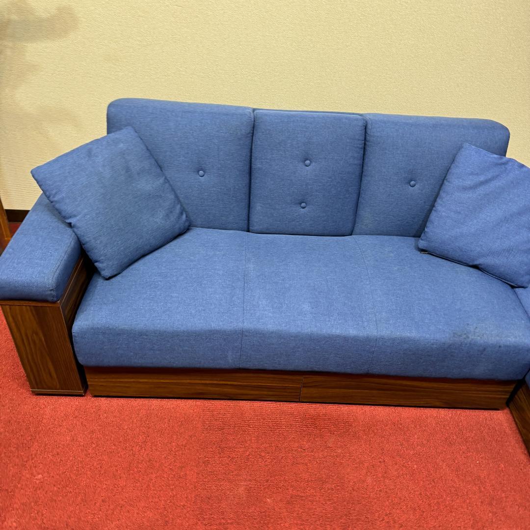 東京23区送料無料 美品モダンデコ二人掛けソファー／ベッド　収納有ネイビーブルー