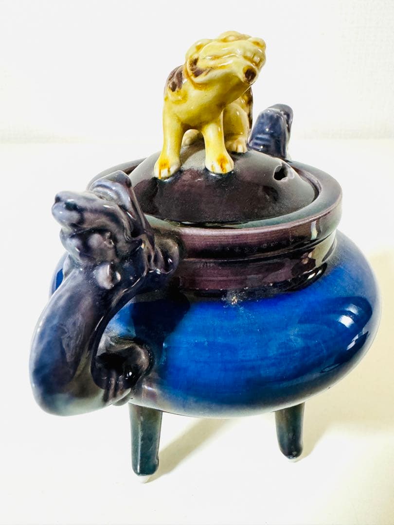 人間国宝 柳雨軒 徳田八十吉(正彦銘) 獅子摘 龍耳香炉 九谷