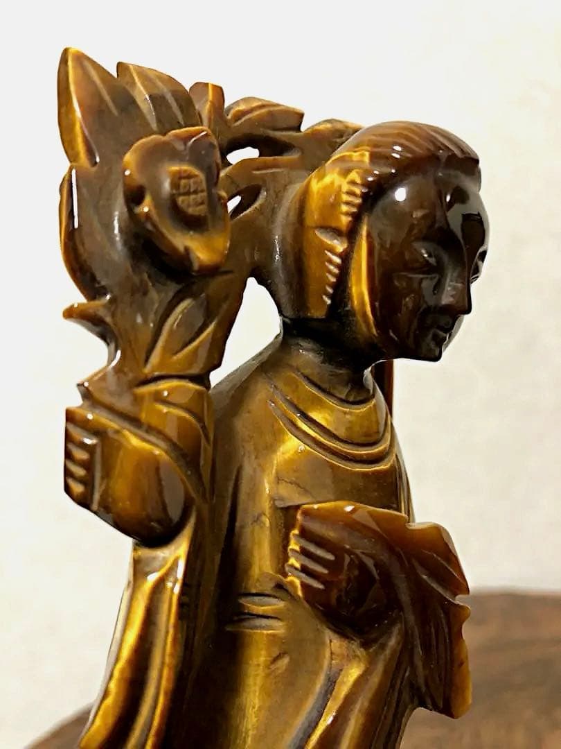 中国美術 時代 虎目石 タイガーアイ 女人彫刻像 仏像 唐木台付き 処分価格