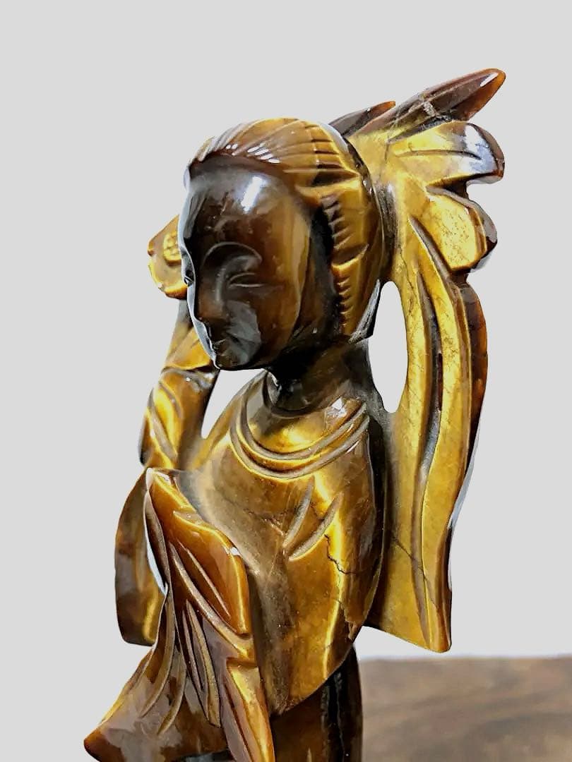 中国美術 時代 虎目石 タイガーアイ 女人彫刻像 仏像 唐木台付き 処分価格