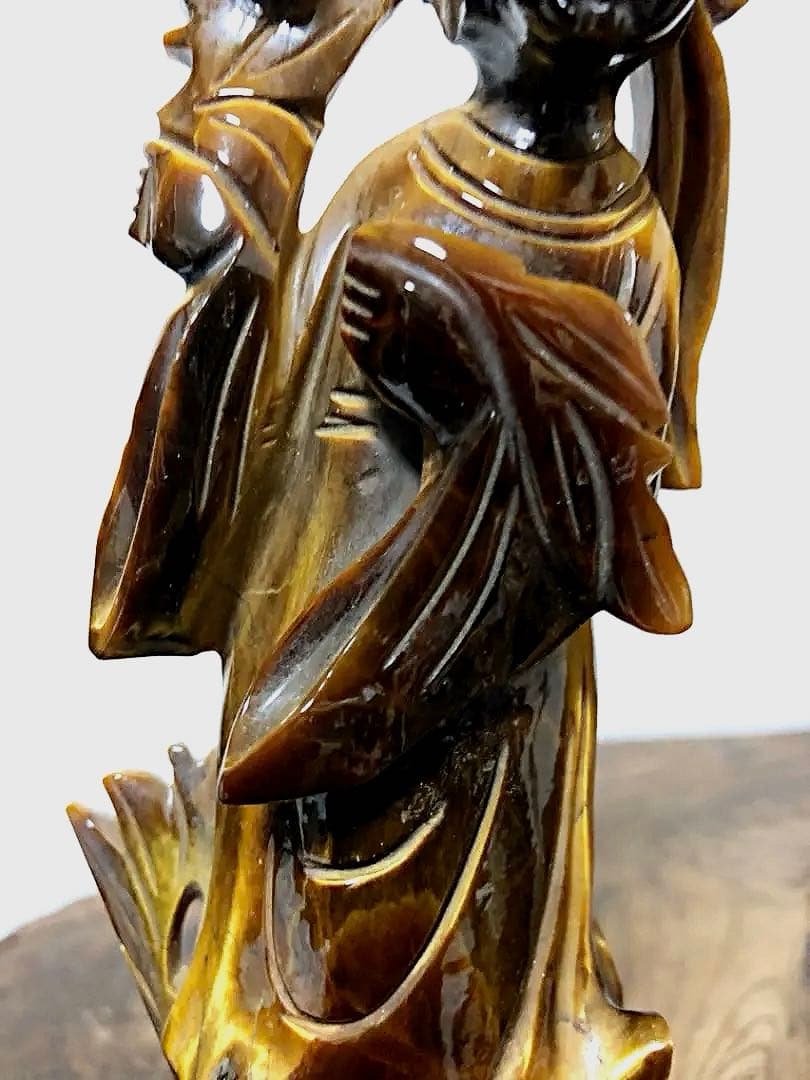 中国美術 時代 虎目石 タイガーアイ 女人彫刻像 仏像 唐木台付き 処分価格