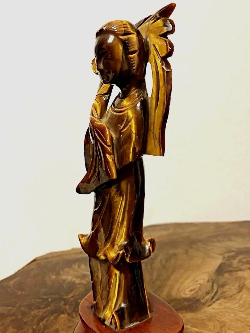 中国美術 時代 虎目石 タイガーアイ 女人彫刻像 仏像 唐木台付き 処分価格