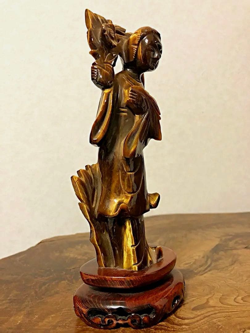 中国美術 時代 虎目石 タイガーアイ 女人彫刻像 仏像 唐木台付き 処分価格