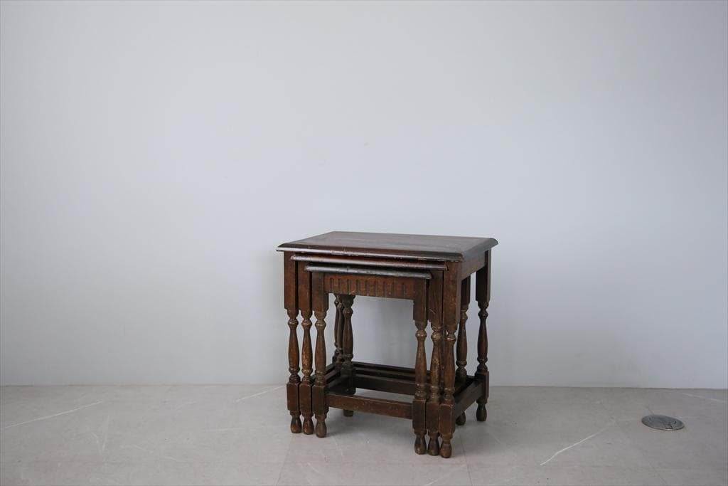 英国アンティーク木製ネストテーブル3台/収納式机サイドテーブル飾り棚(84-45