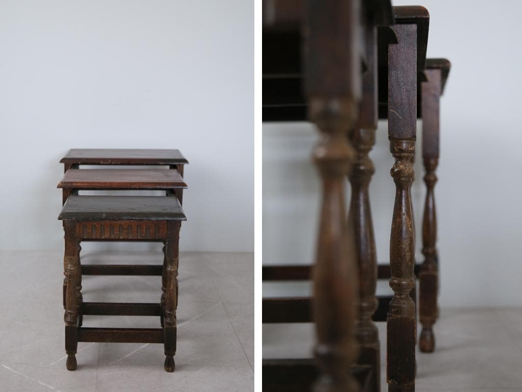 英国アンティーク木製ネストテーブル3台/収納式机サイドテーブル飾り棚(84-45