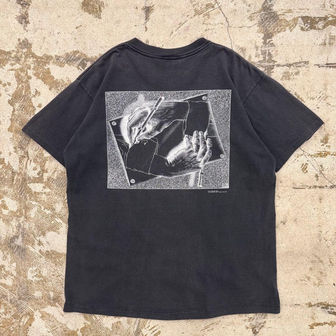 90年代 MCエッシャー　描く手　tシャツ　古着　M フェード