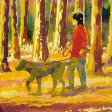 絵画「夕日を浴びて～ 森の散歩道」　水彩画