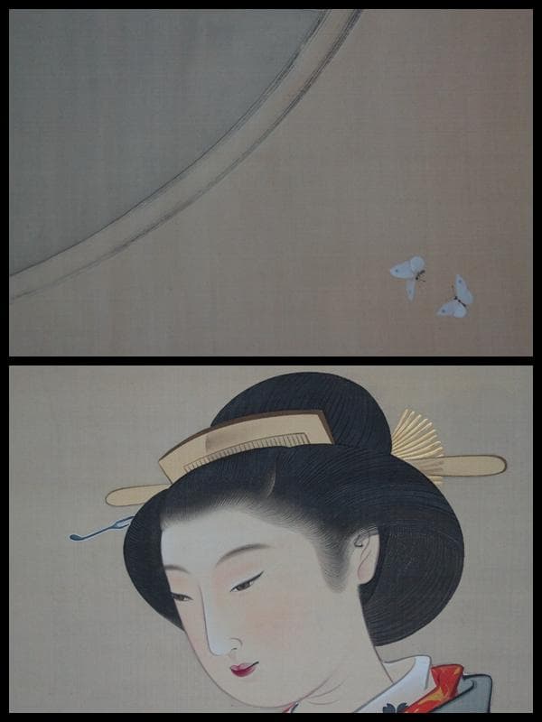 明治期 高谷篁甫筆 『園窓美人画』肉筆絹本掛軸 共箱★時代物★
