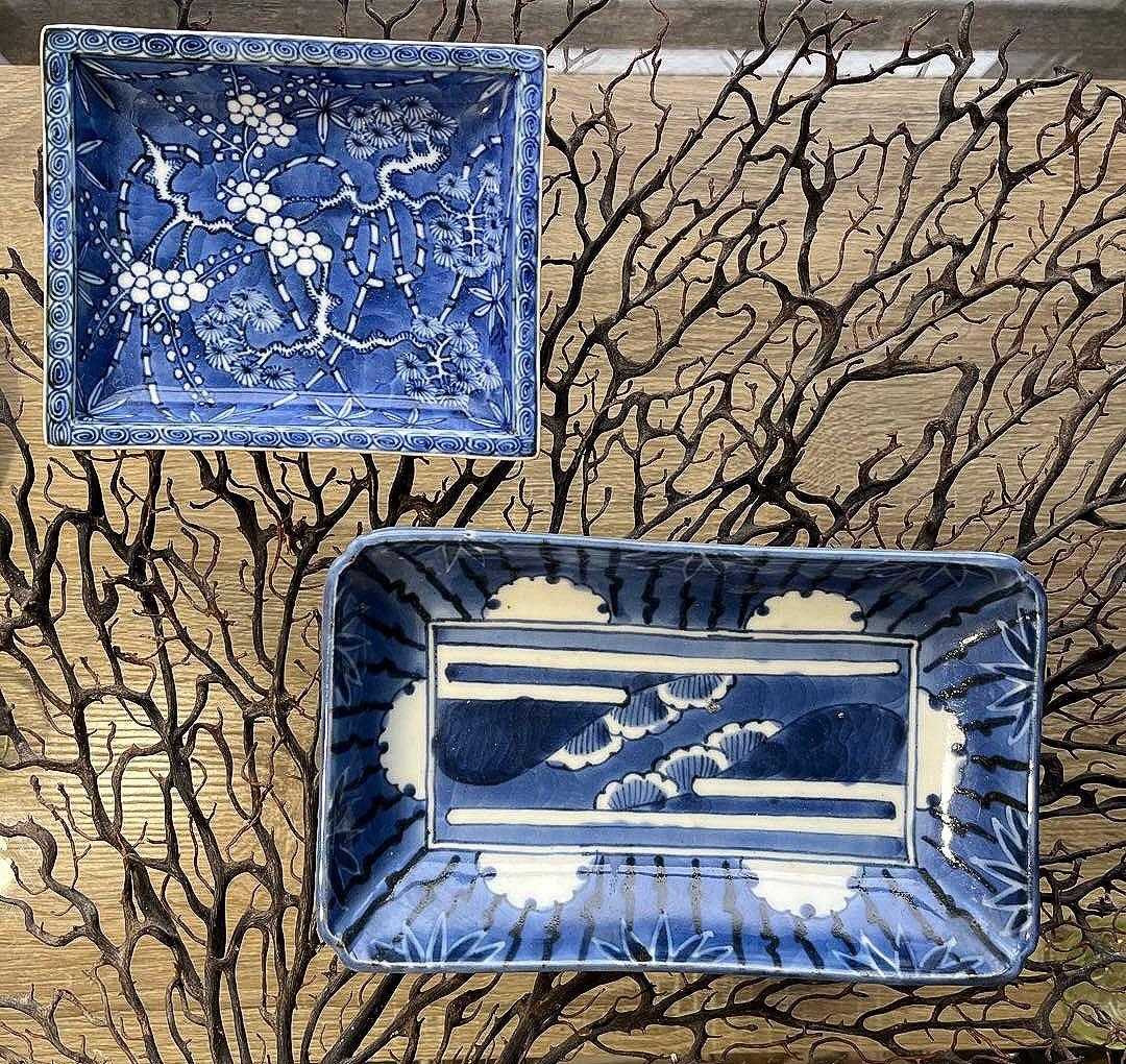 骨董　古伊万里　古染付　竹林　希少　雪輪紋　長皿　ペン皿　１客